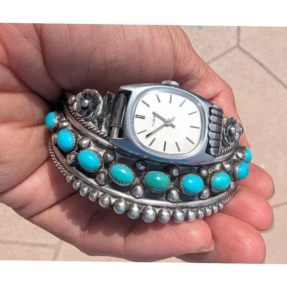 Navajo Sterling Silver & Turquoise Watch Bracelet E. Anderson Non Working 49.5g - Picture 6 of 12